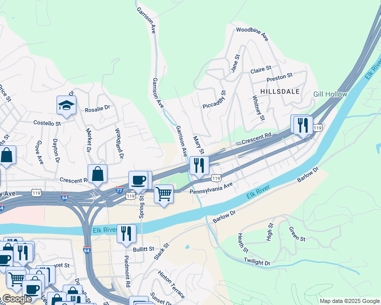 map of restaurants, bars, coffee shops, grocery stores, and more near 56 Garrison Avenue in Charleston