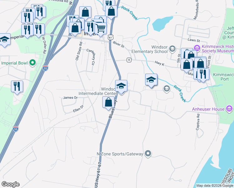 map of restaurants, bars, coffee shops, grocery stores, and more near 6201 US Highway 61-67 in Imperial