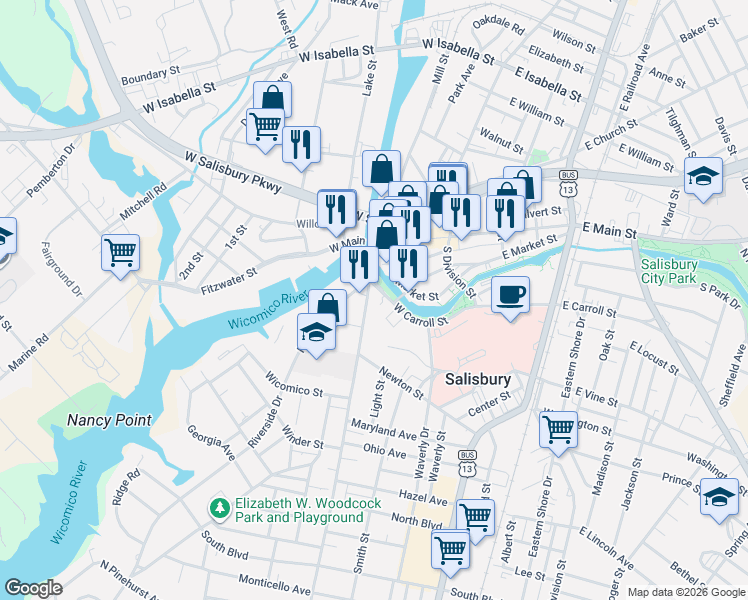 map of restaurants, bars, coffee shops, grocery stores, and more near 322 Camden Avenue in Salisbury