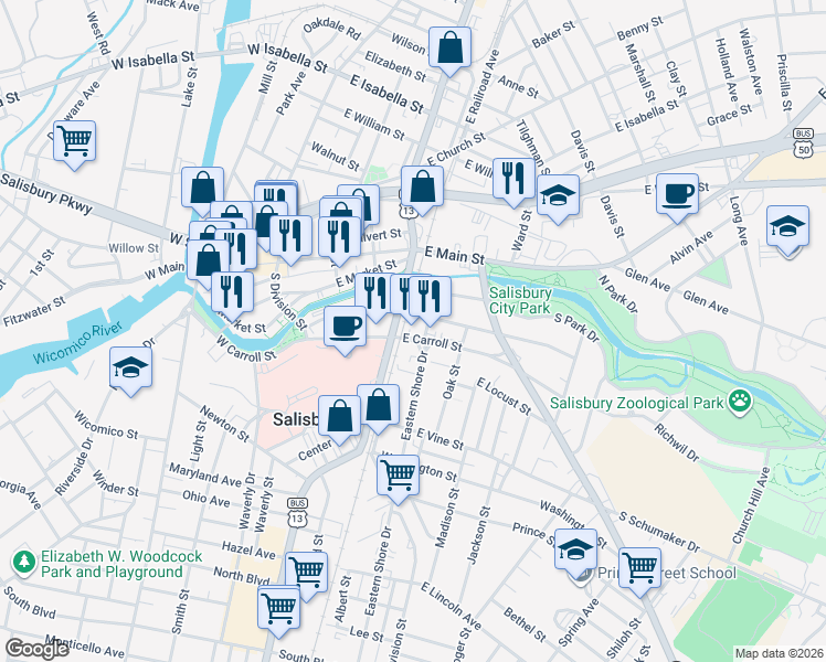 map of restaurants, bars, coffee shops, grocery stores, and more near 203 East Carroll Street in Salisbury