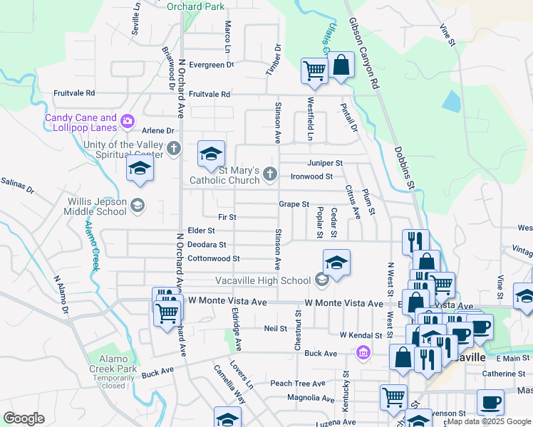 map of restaurants, bars, coffee shops, grocery stores, and more near 316 Grape Street in Vacaville