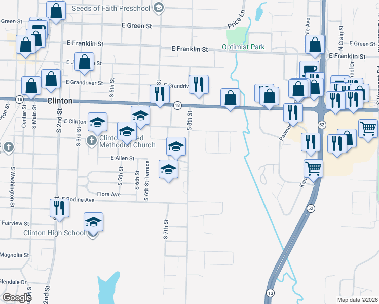map of restaurants, bars, coffee shops, grocery stores, and more near 617 S 8th St in Clinton