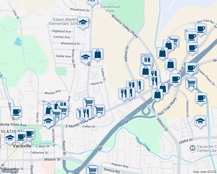 map of restaurants, bars, coffee shops, grocery stores, and more near 1366 Callen Street in Vacaville