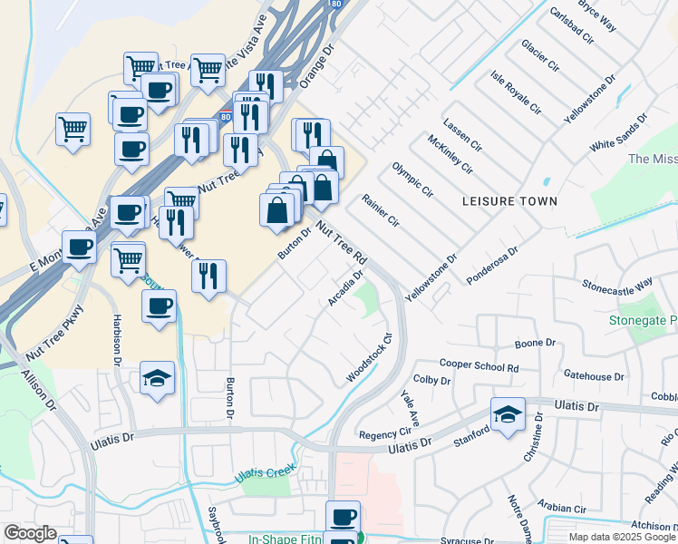 map of restaurants, bars, coffee shops, grocery stores, and more near 142 Arcadia Drive in Vacaville