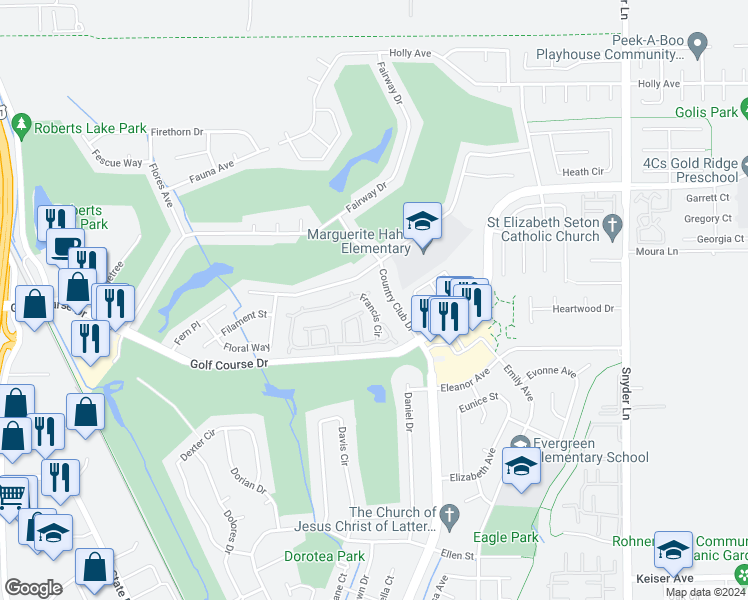 map of restaurants, bars, coffee shops, grocery stores, and more near 59 Francis Circle in Rohnert Park