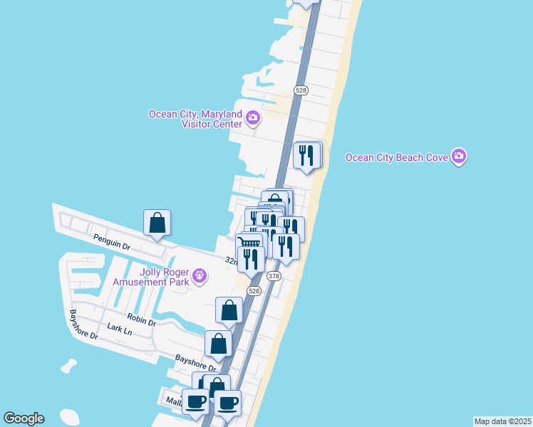 map of restaurants, bars, coffee shops, grocery stores, and more near 3409 Coastal Highway in Ocean City