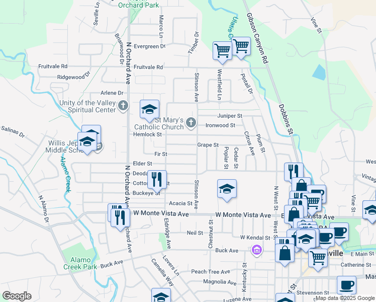 map of restaurants, bars, coffee shops, grocery stores, and more near 316 Grape Street in Vacaville