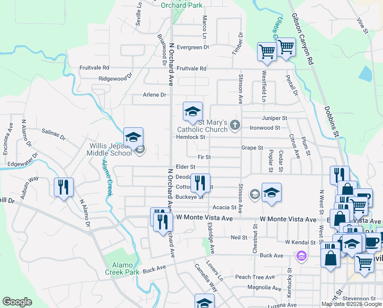 map of restaurants, bars, coffee shops, grocery stores, and more near 425 Hemlock Street in Vacaville