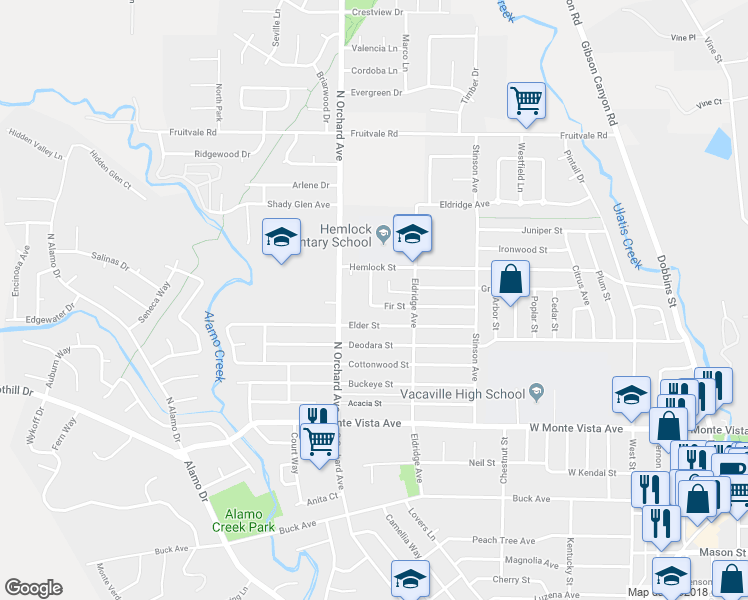 map of restaurants, bars, coffee shops, grocery stores, and more near 425 Hemlock Street in Vacaville