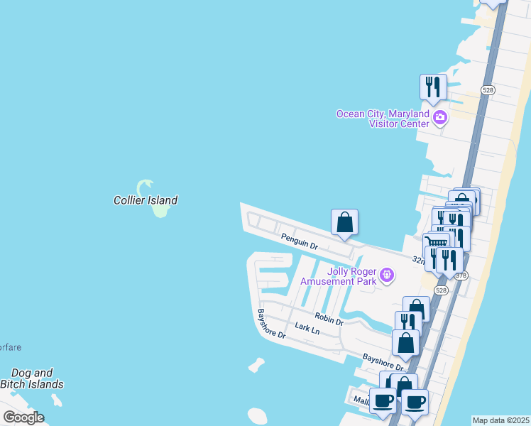 map of restaurants, bars, coffee shops, grocery stores, and more near 710 West 32nd Street in Ocean City