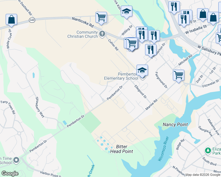 map of restaurants, bars, coffee shops, grocery stores, and more near 1409 Hidden Meadow Lane in Salisbury