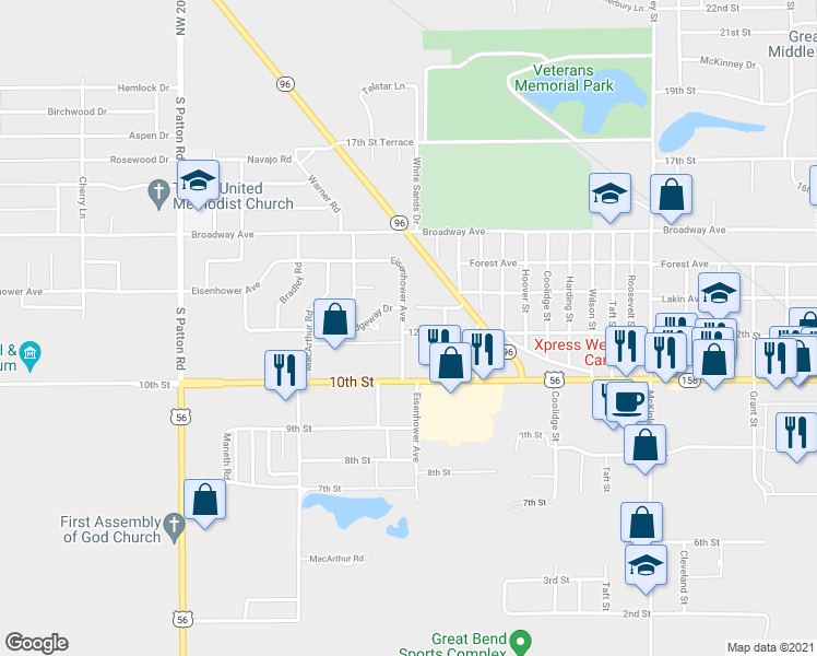 map of restaurants, bars, coffee shops, grocery stores, and more near 4912 Lakin Avenue in Great Bend
