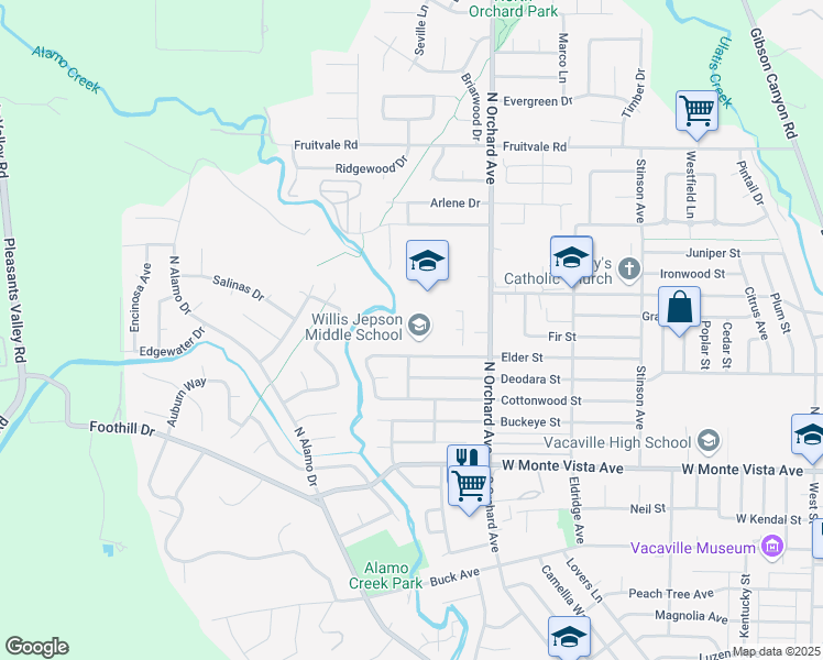 map of restaurants, bars, coffee shops, grocery stores, and more near 580 Elder Street in Vacaville