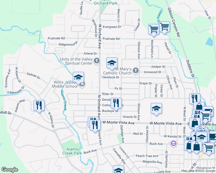 map of restaurants, bars, coffee shops, grocery stores, and more near 509 Fir Street in Vacaville