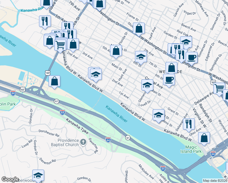 map of restaurants, bars, coffee shops, grocery stores, and more near 1204 1st Avenue in Charleston
