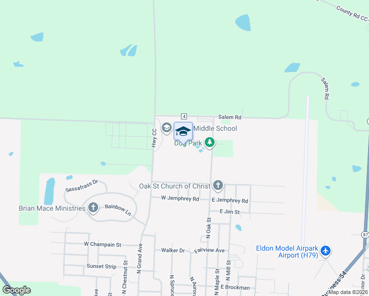 map of restaurants, bars, coffee shops, grocery stores, and more near 1400 North Grand Avenue in Eldon