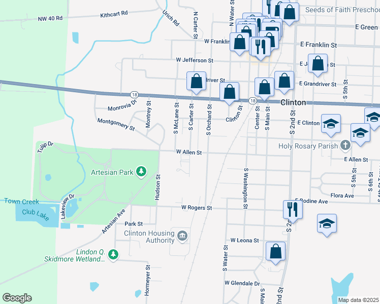 map of restaurants, bars, coffee shops, grocery stores, and more near 699 South Carter Street in Clinton