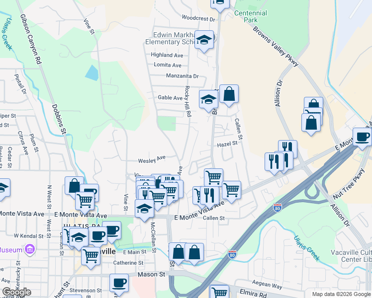 map of restaurants, bars, coffee shops, grocery stores, and more near 591 Rocky Hill Road in Vacaville