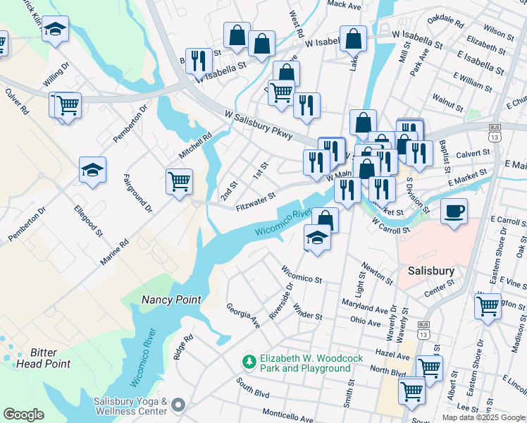 map of restaurants, bars, coffee shops, grocery stores, and more near 660 Fitzwater Street in Salisbury
