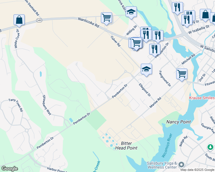 map of restaurants, bars, coffee shops, grocery stores, and more near 1134 Fairview Lane in Salisbury