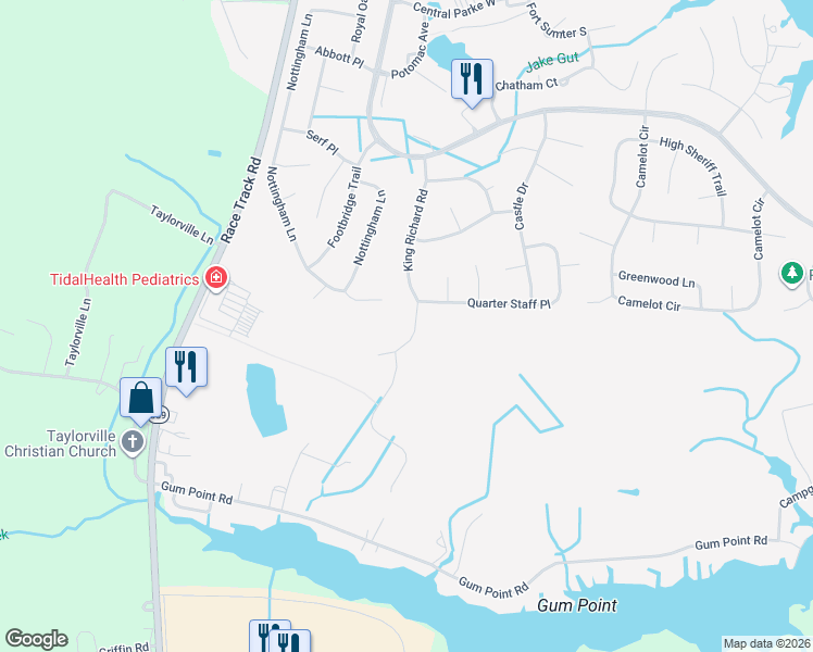 map of restaurants, bars, coffee shops, grocery stores, and more near 56 King Richard Road in Ocean Pines