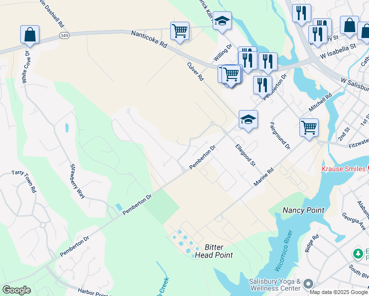 map of restaurants, bars, coffee shops, grocery stores, and more near 1134 Fairview Lane in Salisbury