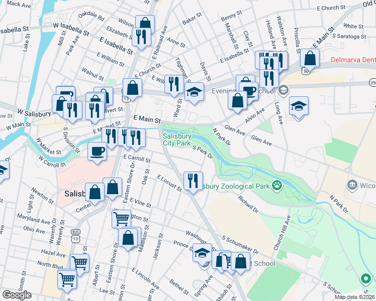 map of restaurants, bars, coffee shops, grocery stores, and more near 522 South Park Drive in Salisbury