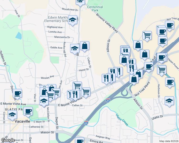 map of restaurants, bars, coffee shops, grocery stores, and more near 1390 Callen Street in Vacaville