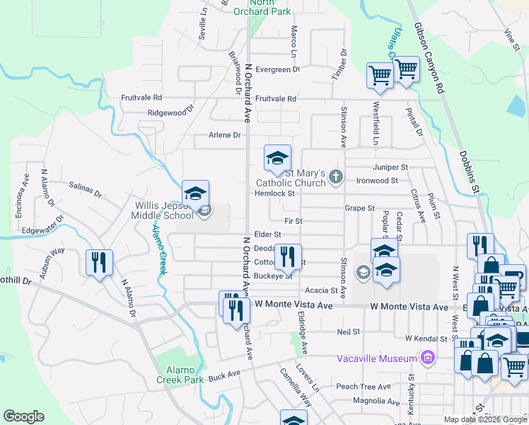 map of restaurants, bars, coffee shops, grocery stores, and more near 511 Hemlock Court in Vacaville