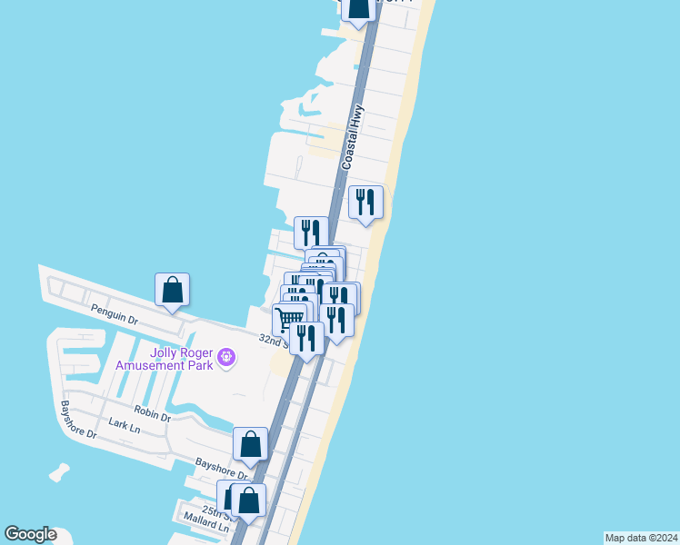 map of restaurants, bars, coffee shops, grocery stores, and more near 3505 Coastal Highway in Ocean City