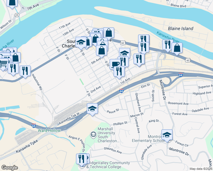 map of restaurants, bars, coffee shops, grocery stores, and more near 239 2nd Avenue Southwest in Charleston