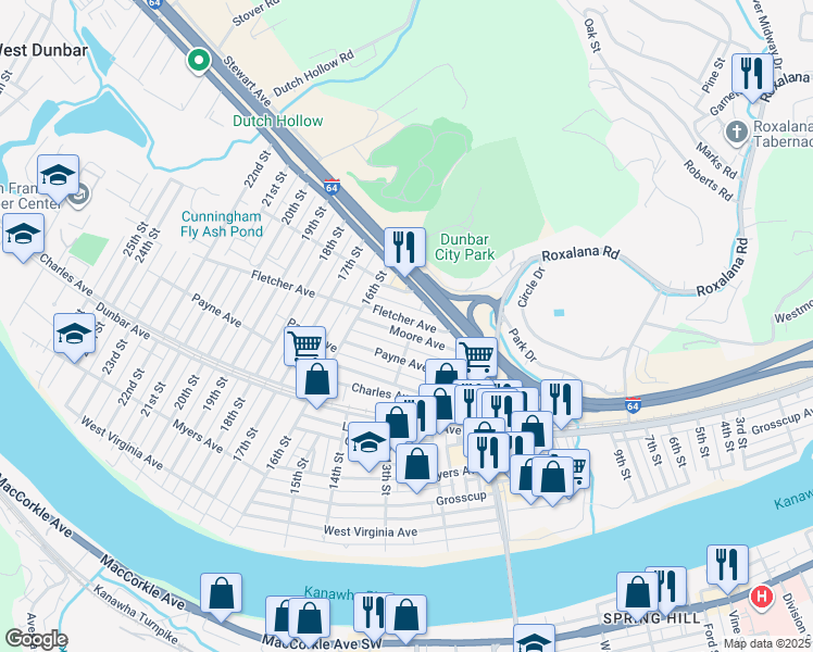 map of restaurants, bars, coffee shops, grocery stores, and more near 1306 Fletcher Avenue in Dunbar