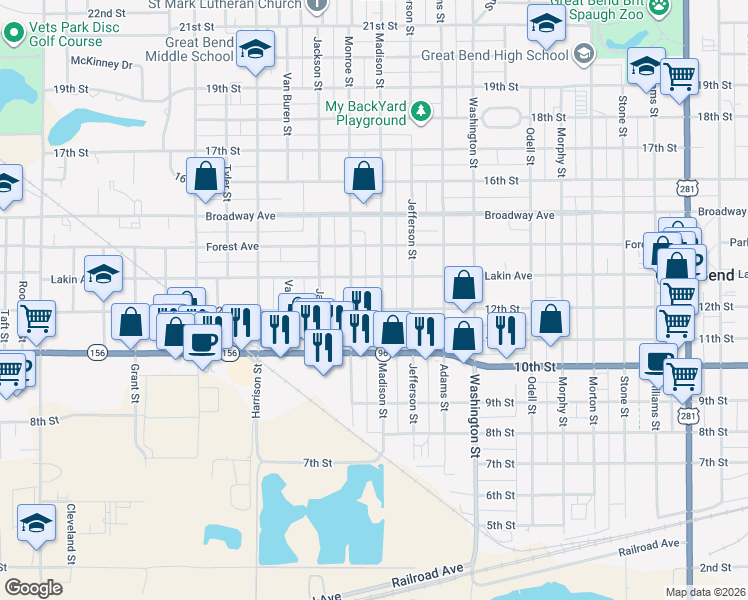 map of restaurants, bars, coffee shops, grocery stores, and more near 1200-1298 Madison Street in Great Bend