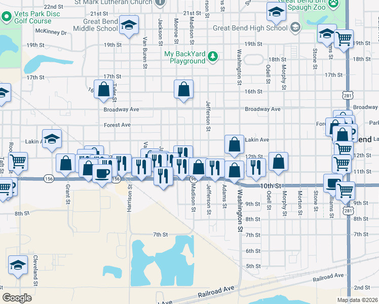 map of restaurants, bars, coffee shops, grocery stores, and more near 1200-1298 Madison Street in Great Bend