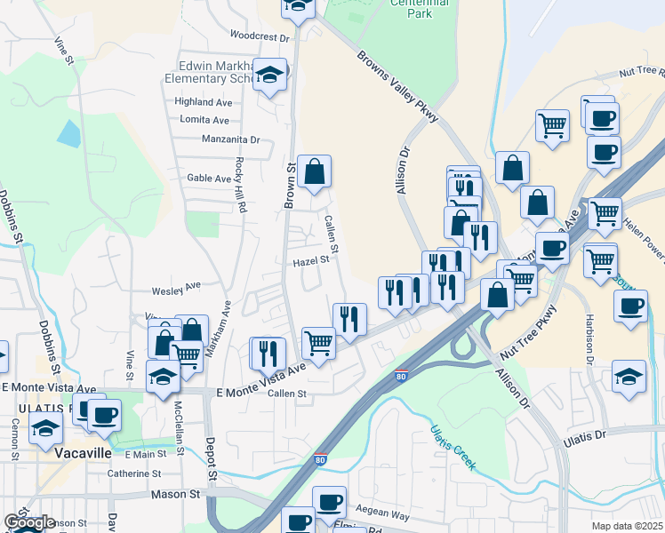 map of restaurants, bars, coffee shops, grocery stores, and more near 1393 Callen Street in Vacaville