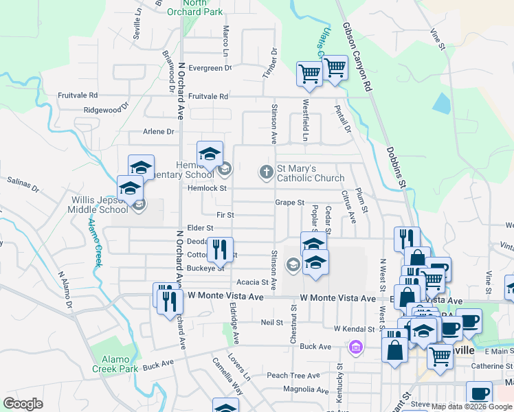 map of restaurants, bars, coffee shops, grocery stores, and more near 316 Grape Street in Vacaville