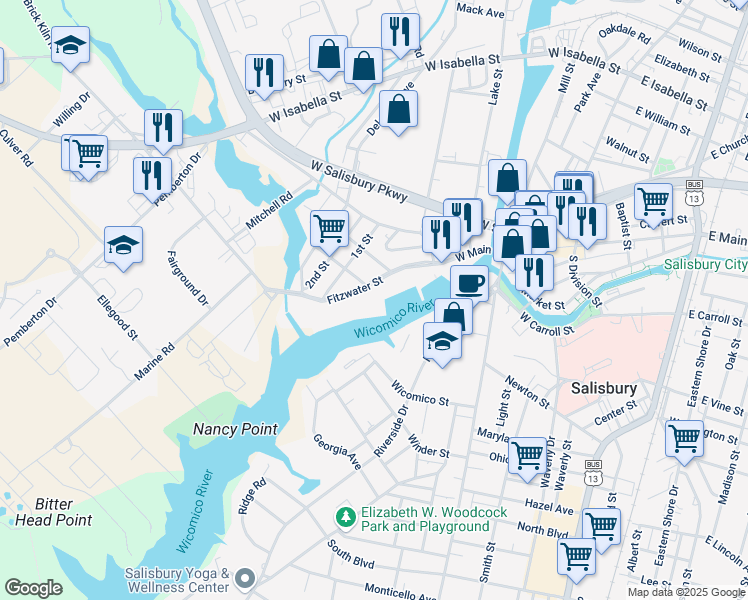 map of restaurants, bars, coffee shops, grocery stores, and more near 660 Fitzwater Street in Salisbury