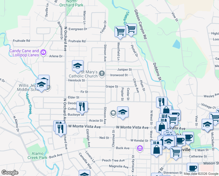 map of restaurants, bars, coffee shops, grocery stores, and more near 260 Arbor Street in Vacaville