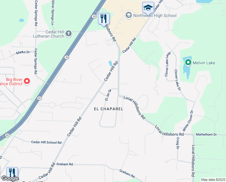 map of restaurants, bars, coffee shops, grocery stores, and more near 46 El Jer Drive in Cedar Hill
