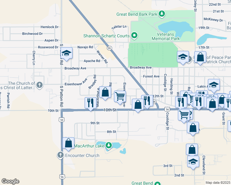map of restaurants, bars, coffee shops, grocery stores, and more near Ridgeway Drive in Great Bend