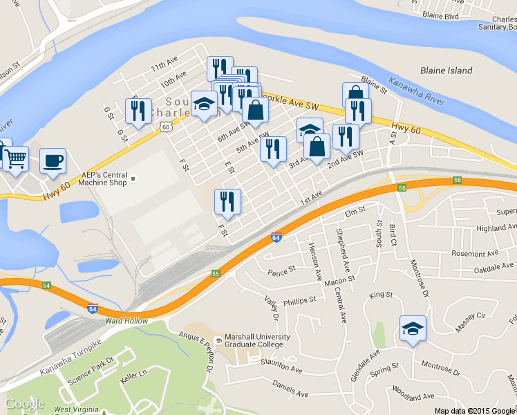 map of restaurants, bars, coffee shops, grocery stores, and more near 210 2nd Avenue Southwest in Charleston