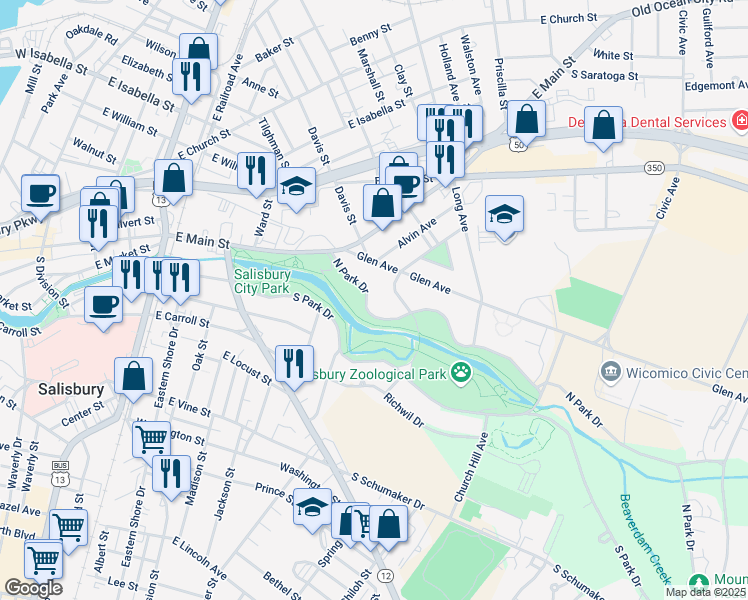 map of restaurants, bars, coffee shops, grocery stores, and more near 123 North Park Drive in Salisbury