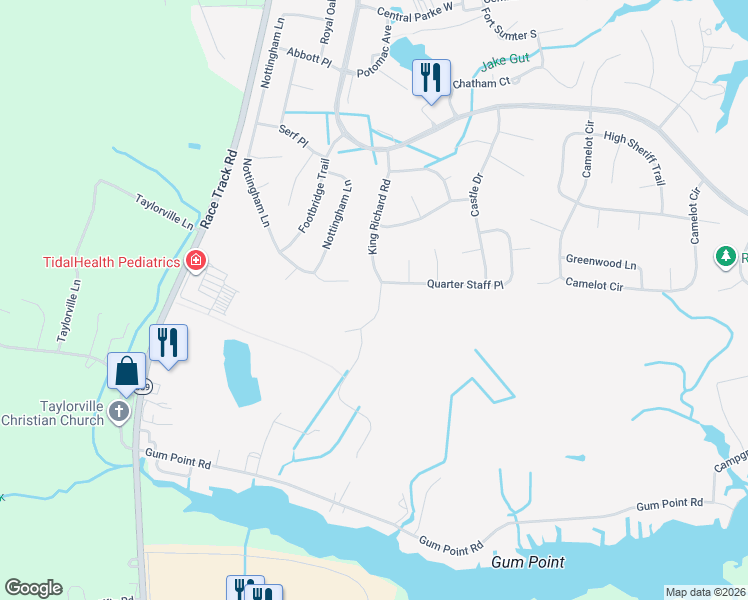 map of restaurants, bars, coffee shops, grocery stores, and more near 56 King Richard Road in Ocean Pines