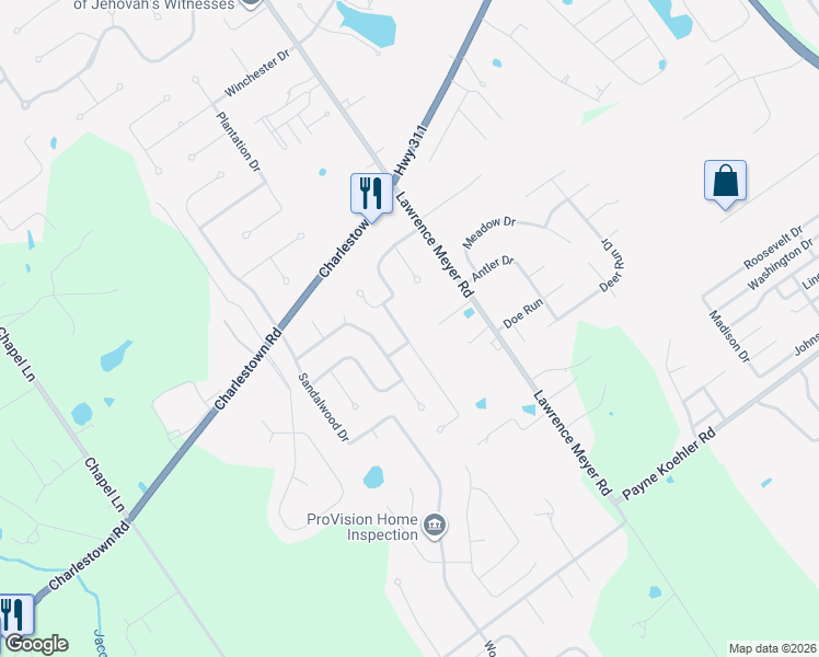 map of restaurants, bars, coffee shops, grocery stores, and more near 3048 Cobblers Crossing Road in New Albany
