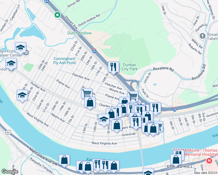 map of restaurants, bars, coffee shops, grocery stores, and more near 1312 Moore Avenue in Dunbar