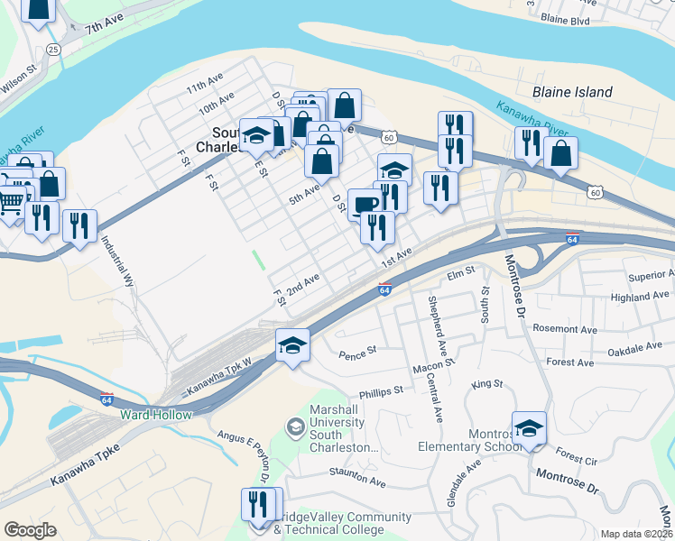 map of restaurants, bars, coffee shops, grocery stores, and more near 239 2nd Avenue Southwest in Charleston