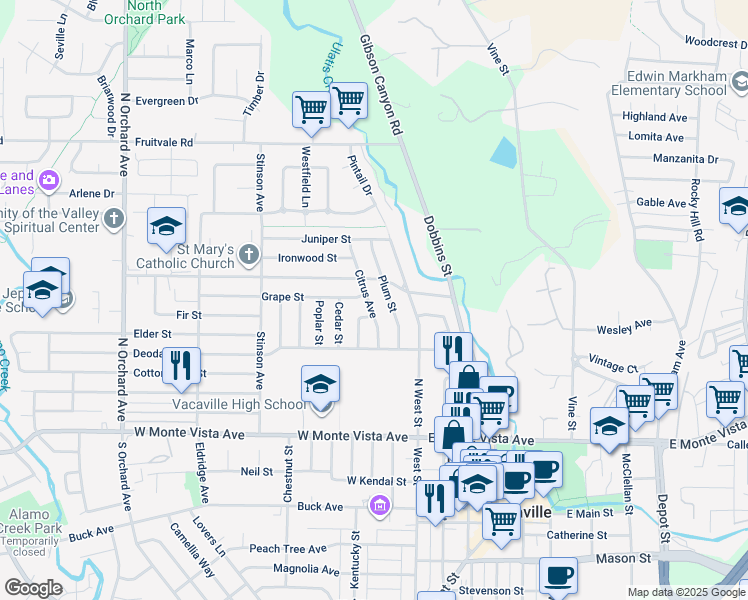 map of restaurants, bars, coffee shops, grocery stores, and more near 271 Citrus Avenue in Vacaville
