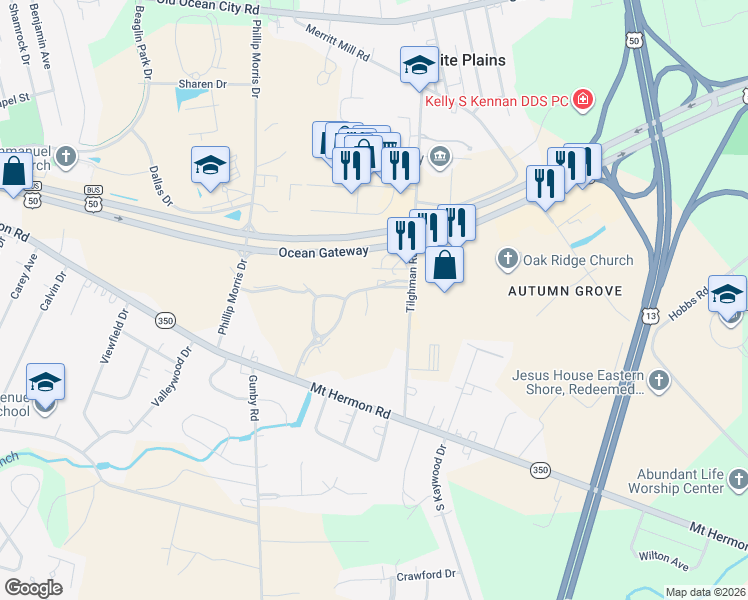 map of restaurants, bars, coffee shops, grocery stores, and more near 306 Tilghman Road in Salisbury