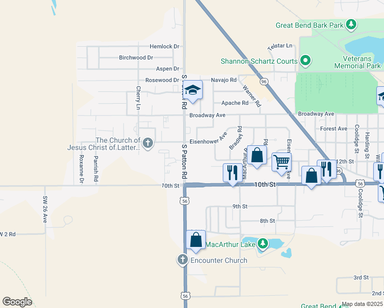 map of restaurants, bars, coffee shops, grocery stores, and more near 1206 South Patton Road in Great Bend