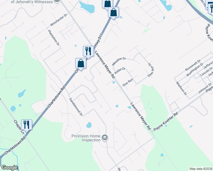 map of restaurants, bars, coffee shops, grocery stores, and more near 7705 County Line Road in New Albany